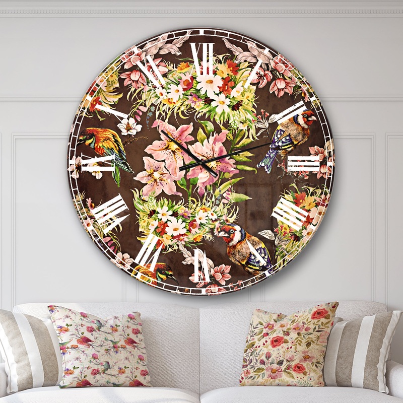 Colorful Birds and Flowers - Floral Large Wall CLock