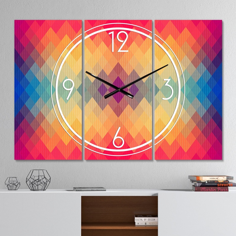 Colorful Geometric Pattern - Modern 3 Panels Large Wall CLock