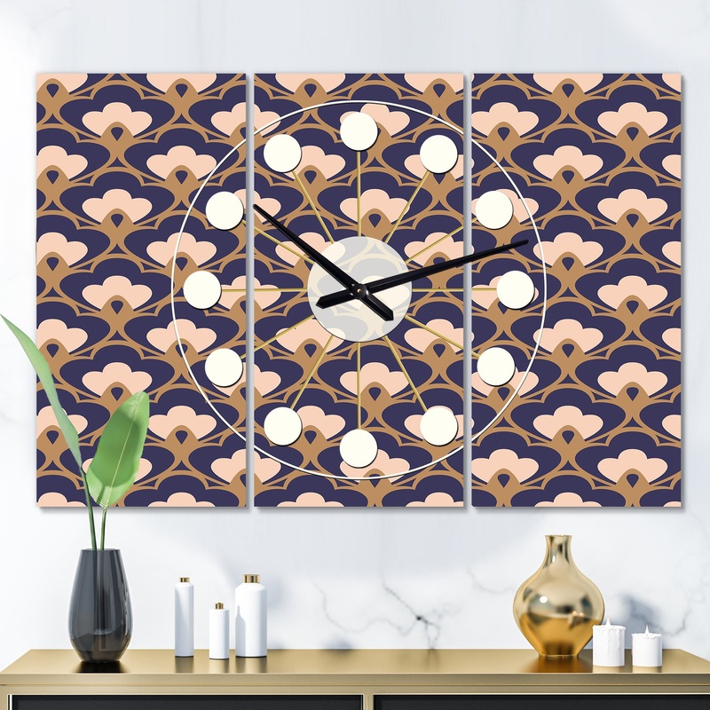 Retro Ornamental Design IX - Oversized Mid-Century wall clock - 3 Panels