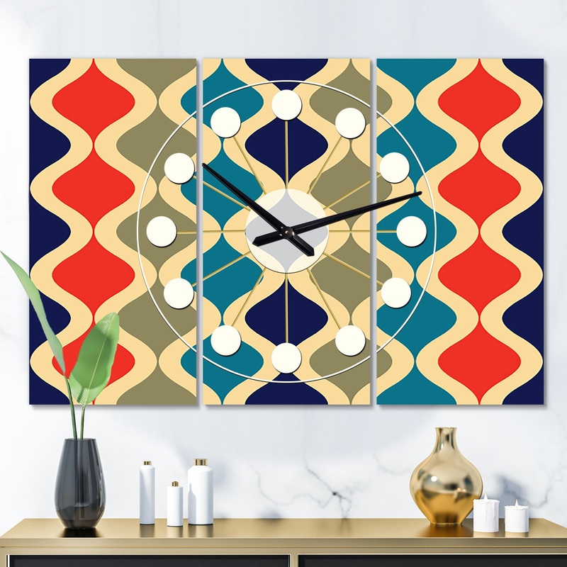 Retro Ornamental Design VI - Oversized Mid-Century wall clock - 3 Panels