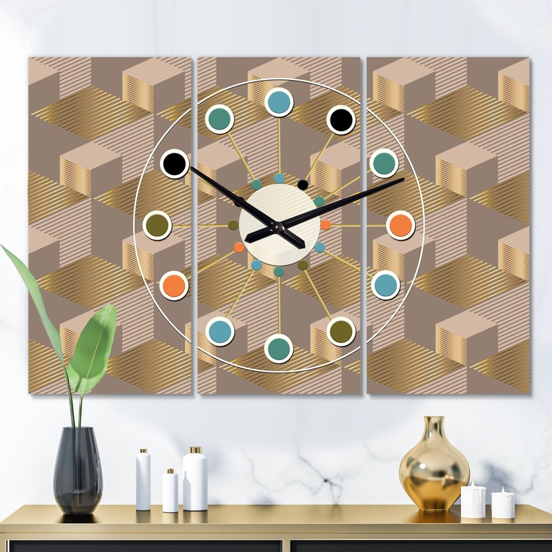 Retro Square Design V - Oversized Mid-Century wall clock - 3 Panels