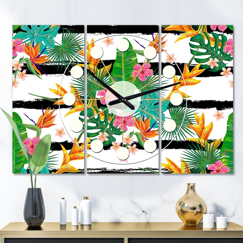 Retro Tropical Leaves II - Oversized Mid-Century wall clock - 3 Panels