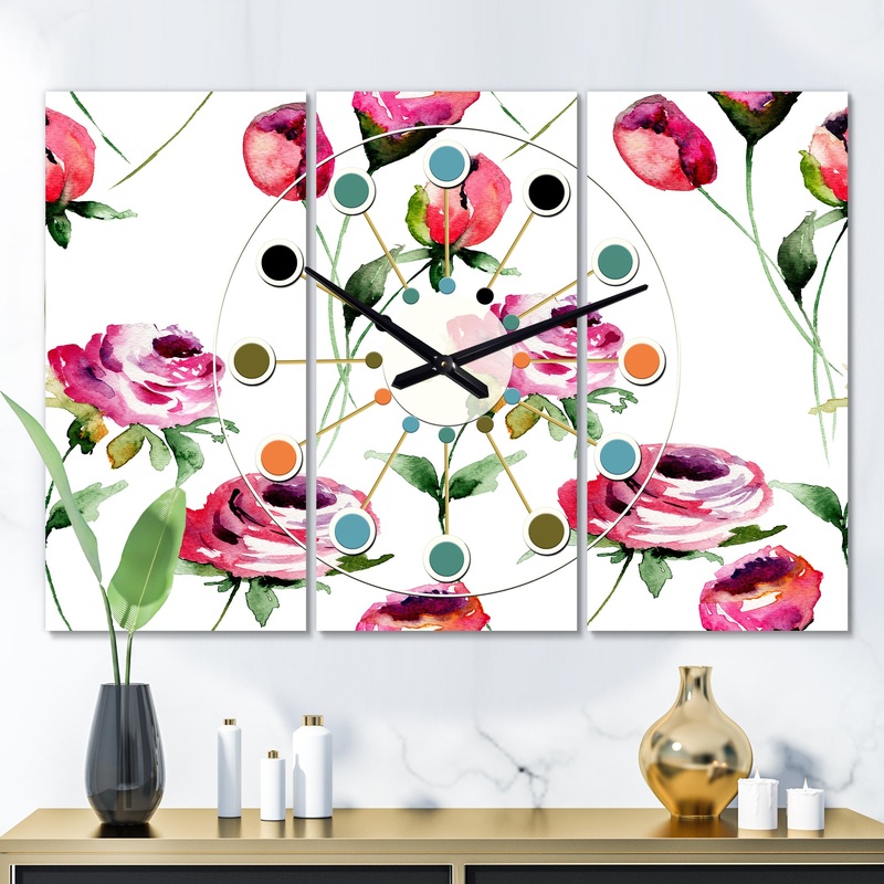 Roses Flowers Pattern - Oversized Mid-Century wall clock - 3 Panels