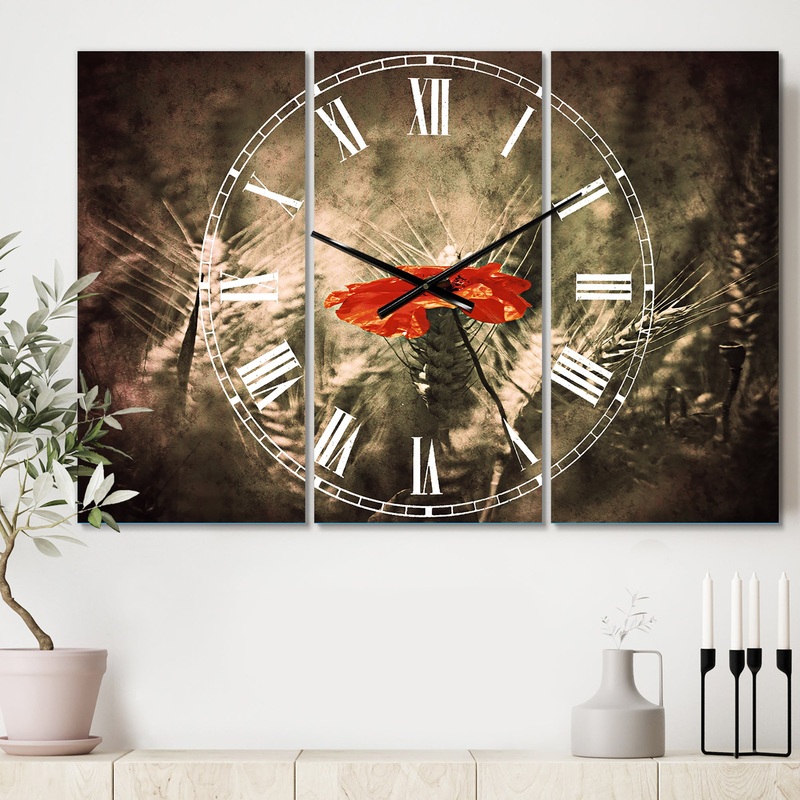 Sigle Red Poppies - Cottage 3 Panels Large Wall CLock