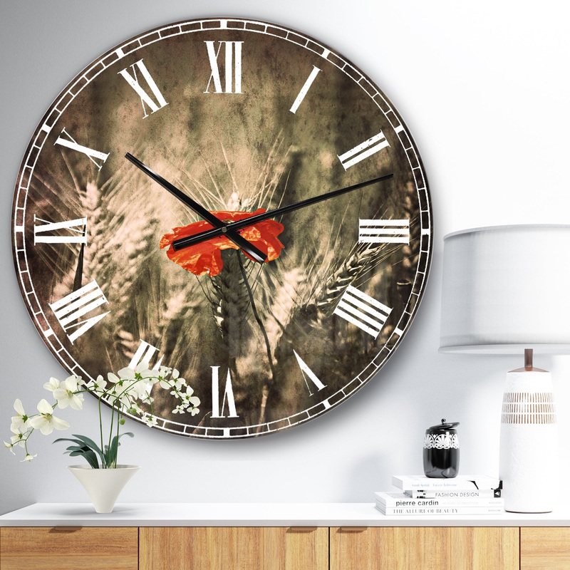 Sigle Red Poppies - Farmhouse Floral Wall CLock