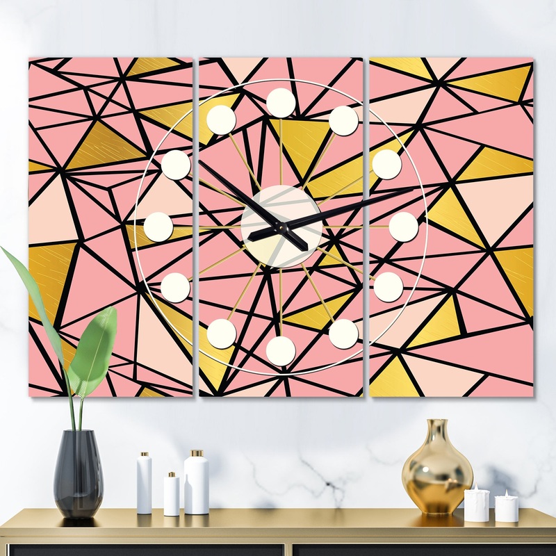 Triangular Gold Design II - Oversized Mid-Century wall clock - 3 Panels