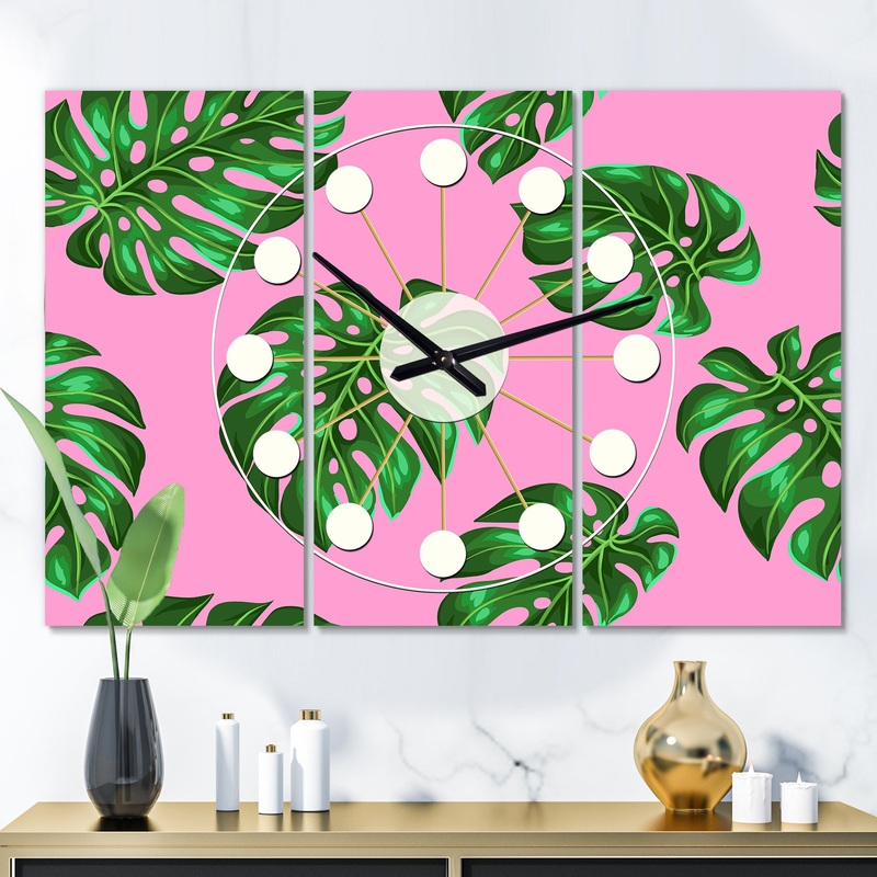 Tropical Palm Leaves III - Oversized Mid-Century wall clock - 3 Panels