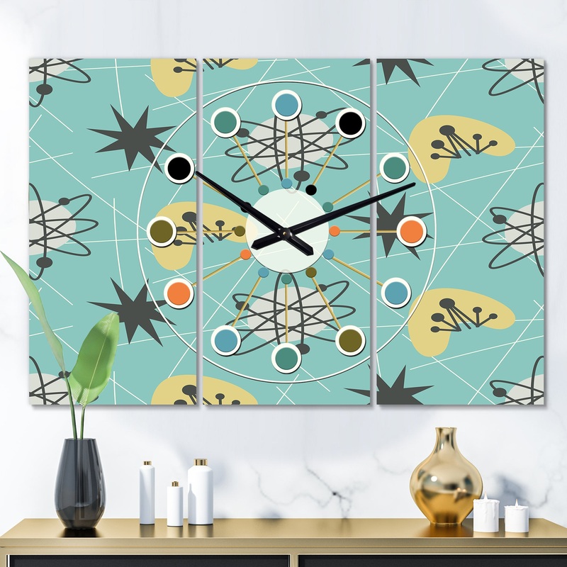 1950 Retro Pattern I - Oversized Mid-Century wall clock - 3 Panels