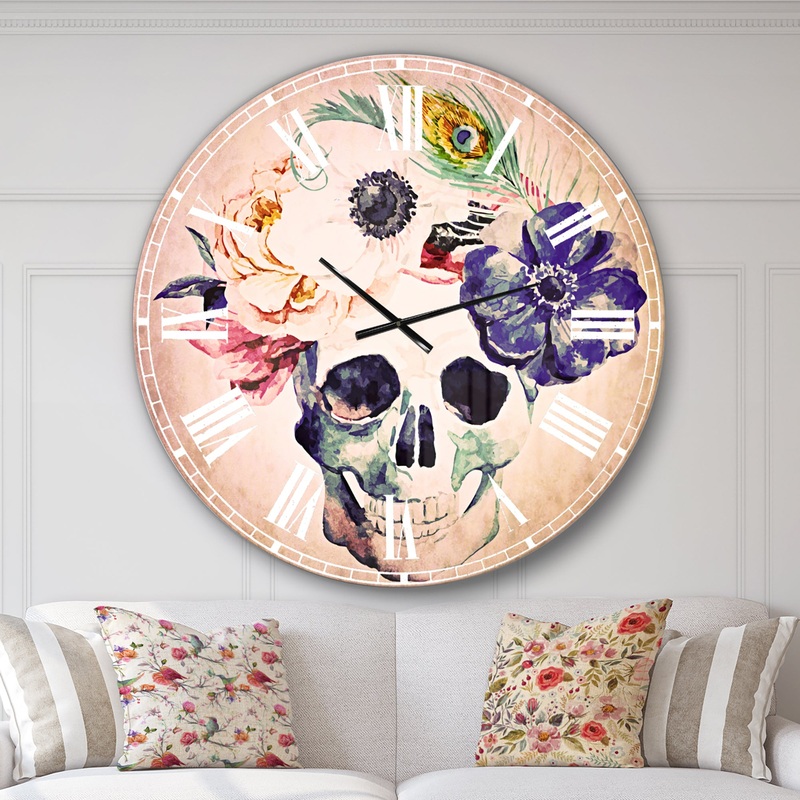 Anemones and Scull - Floral Large Wall CLock