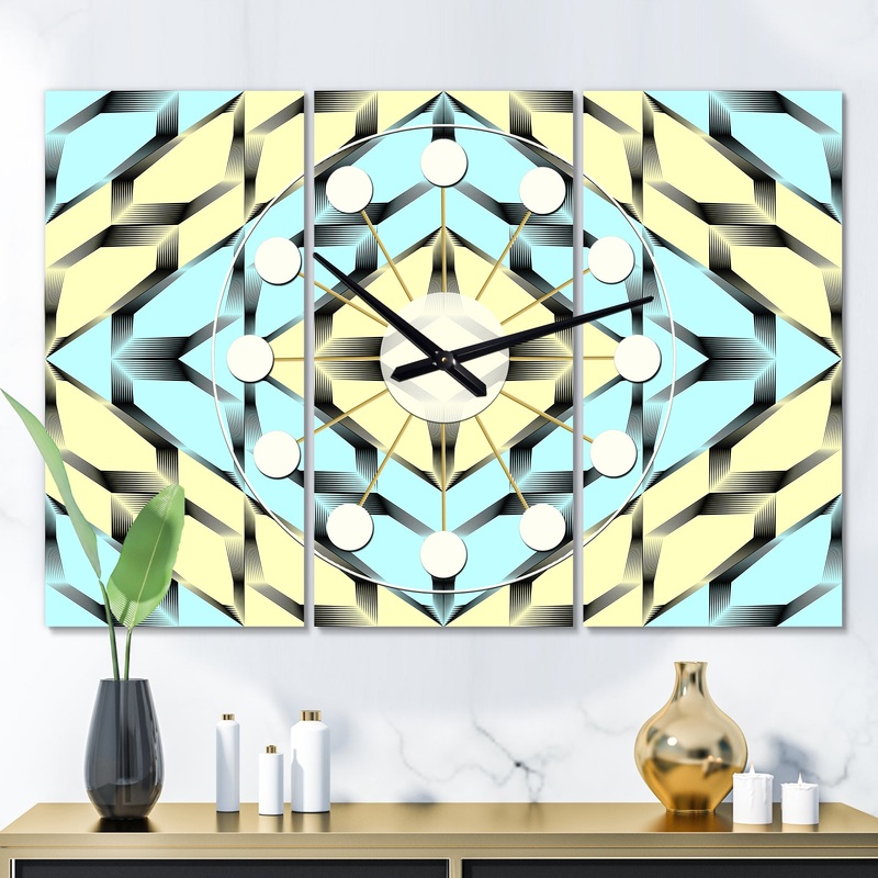 Black and White Fashion Ornament - Oversized Mid-Century wall clock - 3 Panels
