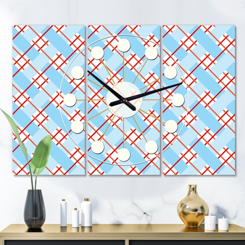 Blue and Red Plaid - Oversized Mid-Century wall clock - 3 Panels