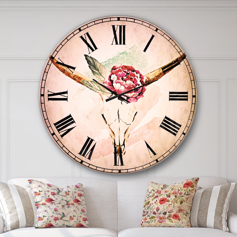 Bull Skull and Flower - Floral Wall CLock