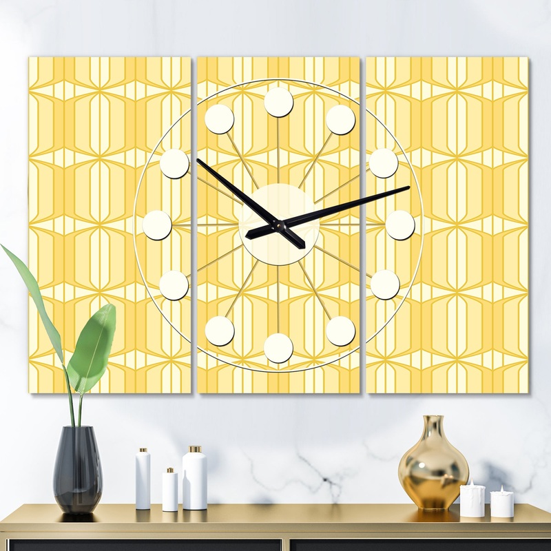 Retro Ornamental Design III - Oversized Mid-Century wall clock - 3 Panels