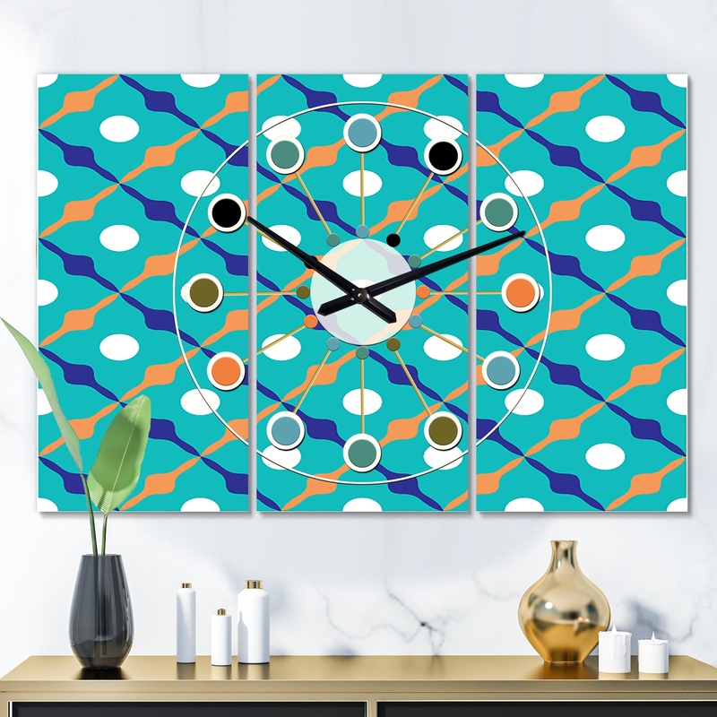 Retro Pattern Abstract Design XV - Oversized Mid-Century wall clock - 3 Panels