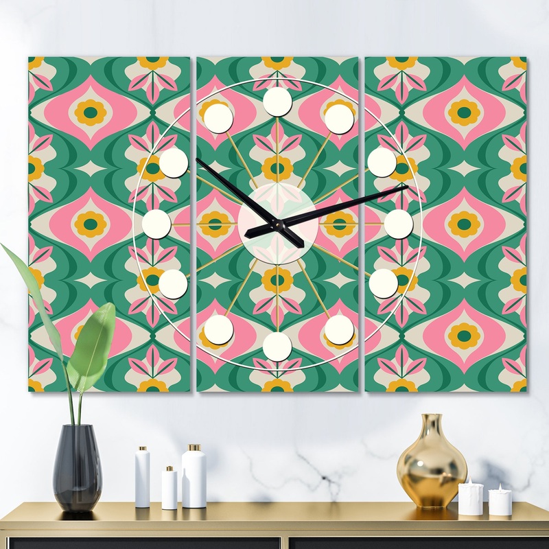 retro pattern with flowers and leaves - Oversized Mid-Century wall clock - 3 Panels