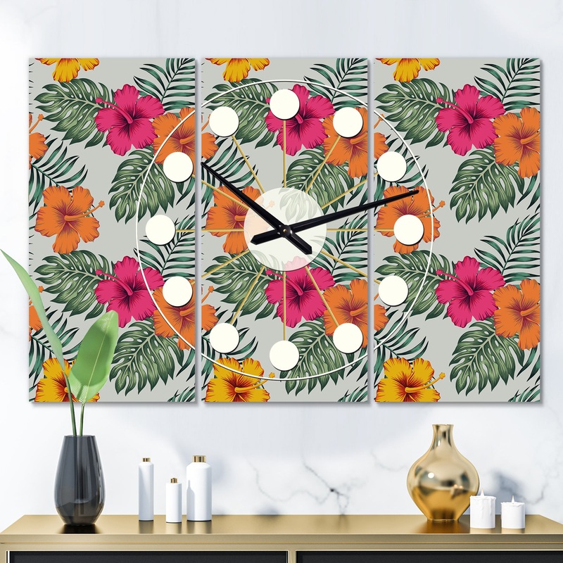 Retro tropical Leaves III - Oversized Mid-Century wall clock - 3 Panels