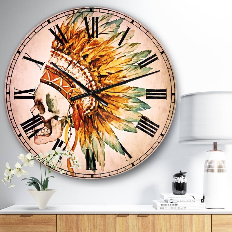 Skull with Feathers - Abstract Large Wall CLock