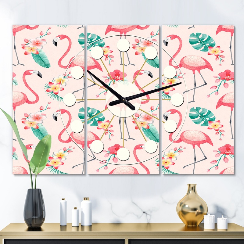 Tropical Botanicals, Flowers and Flamingo II - Oversized Mid-Century wall clock - 3 Panels