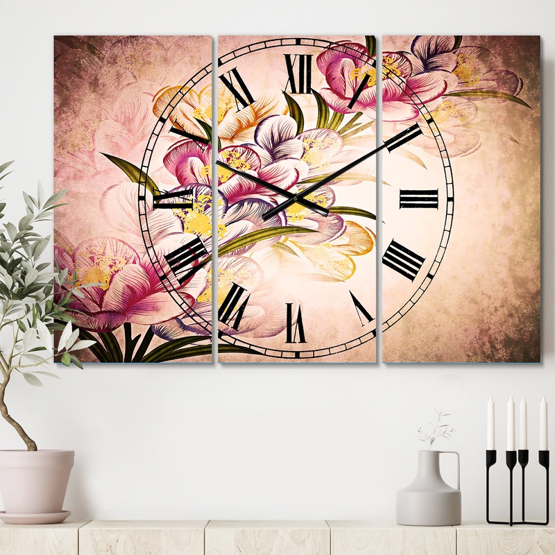 Vector Purple Flowers - Cottage 3 Panels Large Wall CLock