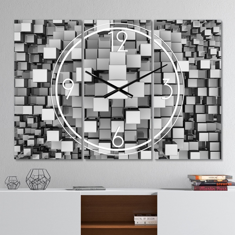 Black and Grey Cubes - Modern 3 Panels Large Wall CLock