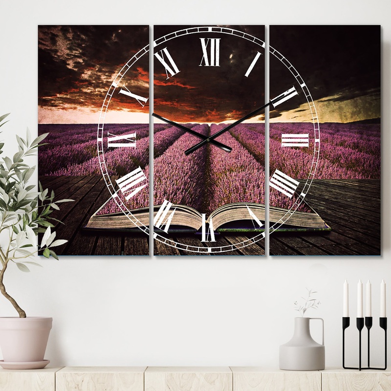 Book Open to Lavender Field - Cottage 3 Panels Large Wall CLock