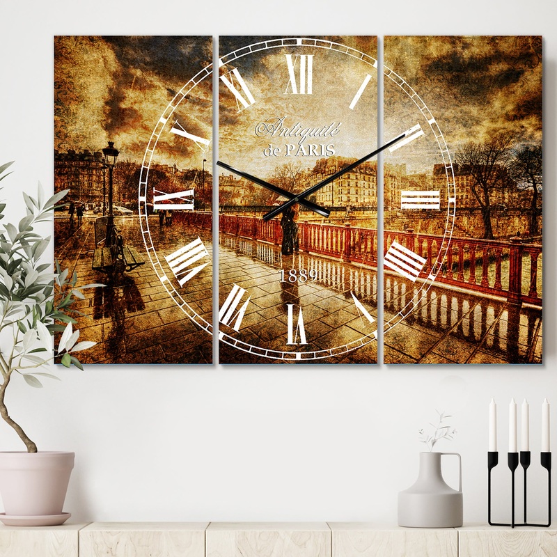 Bridge in Rain - Cottage 3 Panels Oversized Wall CLock