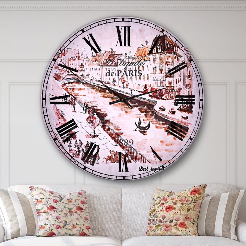 Sepia Hand Drawn Sketch of Paris - Cityscape Large Wall CLock