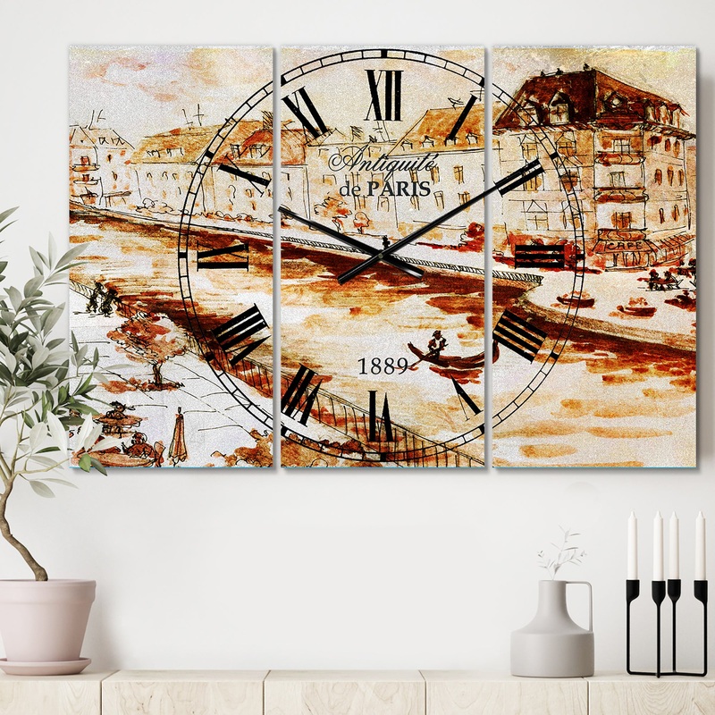 Sepia Hand Drawn Sketch of Paris - Cottage 3 Panels Oversized Wall CLock
