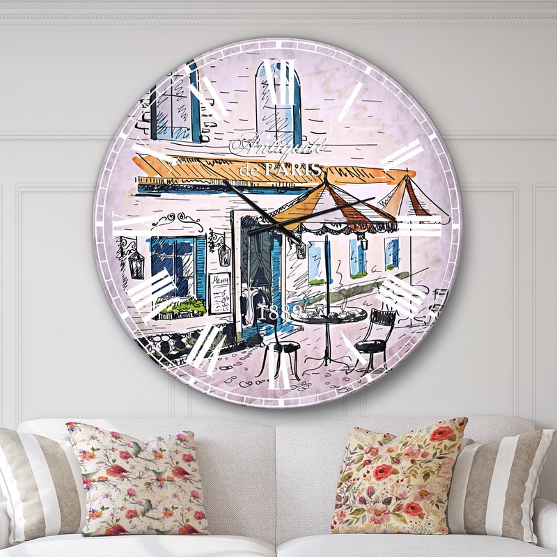 Street Caf - Watercolor Painting Large Wall CLock