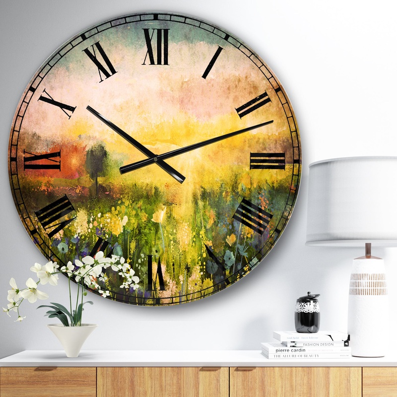 Sunset Meadow Landscape - Contemporary Large Wall CLock