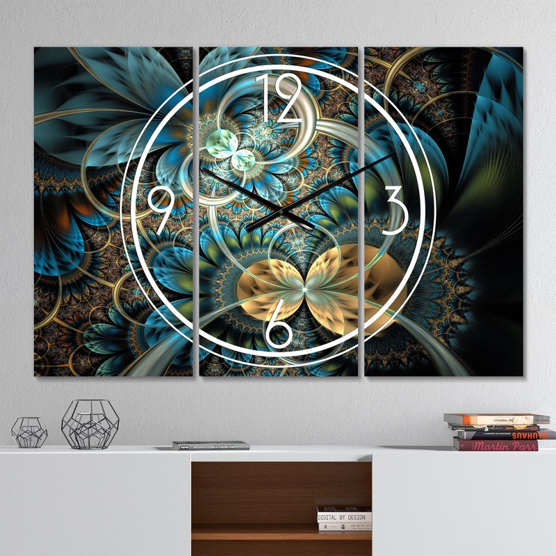 Symmetrical Blue Gold Fractal Flower - Modern 3 Panels Large Wall CLock