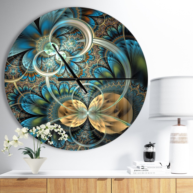 Symmetrical Blue Gold Fractal Flower - Oversized Modern Wall CLock