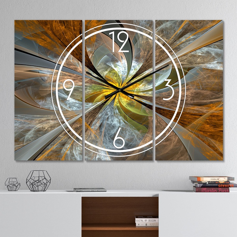 Symmetrical Yellow Fractal Flower - Modern 3 Panels Oversized Wall CLock