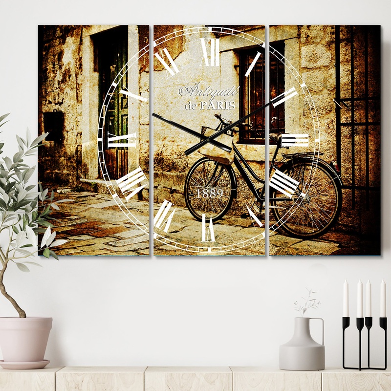 Bicycle with Shopping Bag - Cottage 3 Panels Large Wall CLock