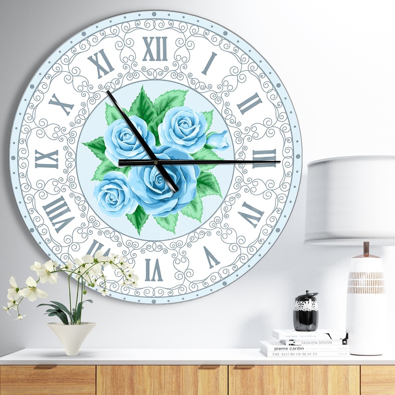Blue Hand drawn Roses Shabby Chic Vintage - Oversized Contemporary Wall CLock