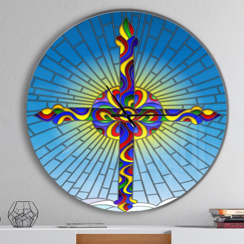 Bright holy cross in blue sky - Oversized Contemporary Wall CLock
