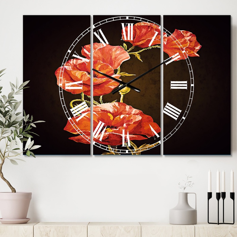 Bright Poppies Flower - Cottage 3 Panels Oversized Wall CLock