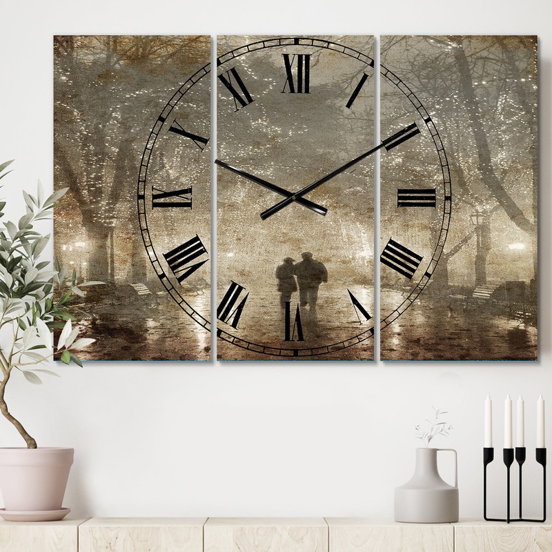 Couple Walking in Night Lights - Cottage 3 Panels Large Wall CLock
