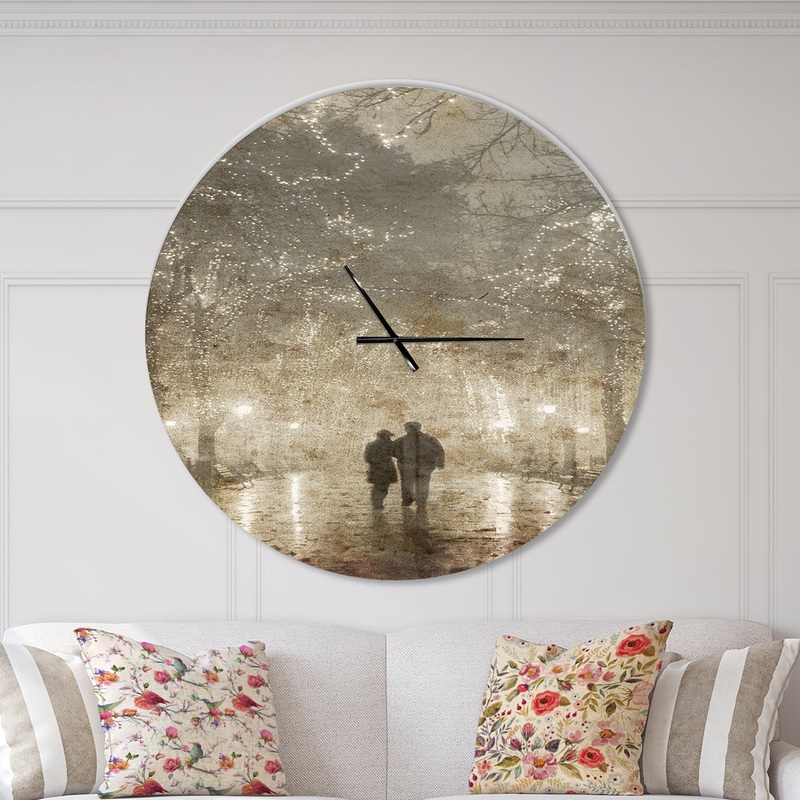 Couple Walking in Night Lights - Oversized Landscapes Wall CLock