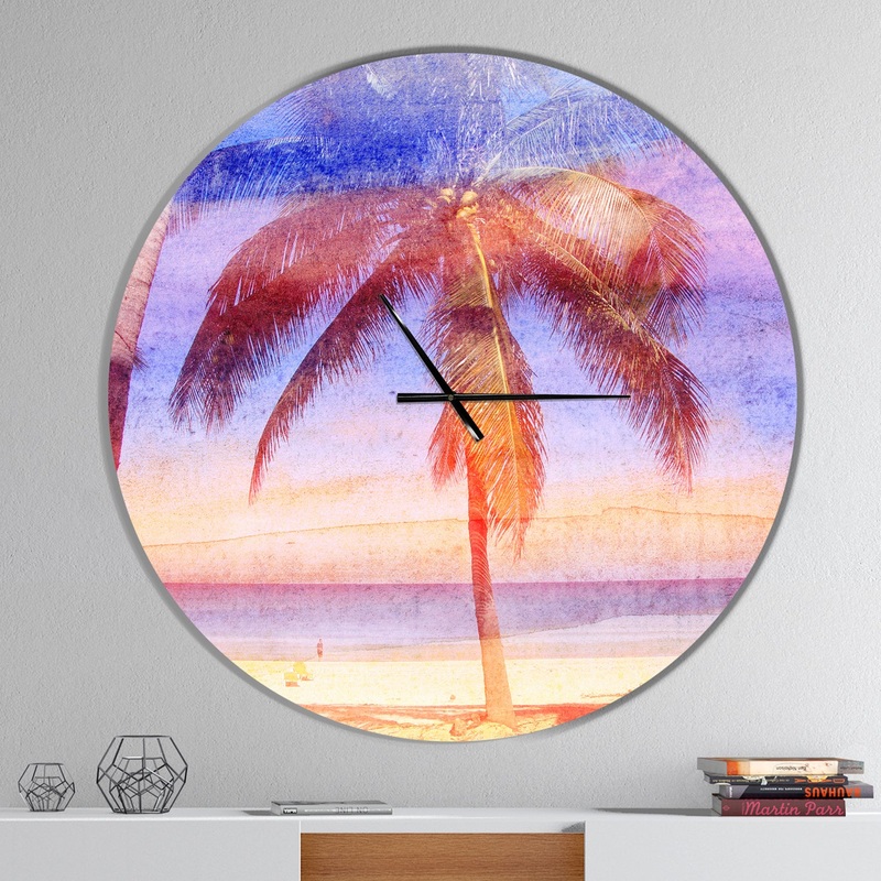 Retro Palms Light Blue Watercolor - Oversized Traditional Wall CLock