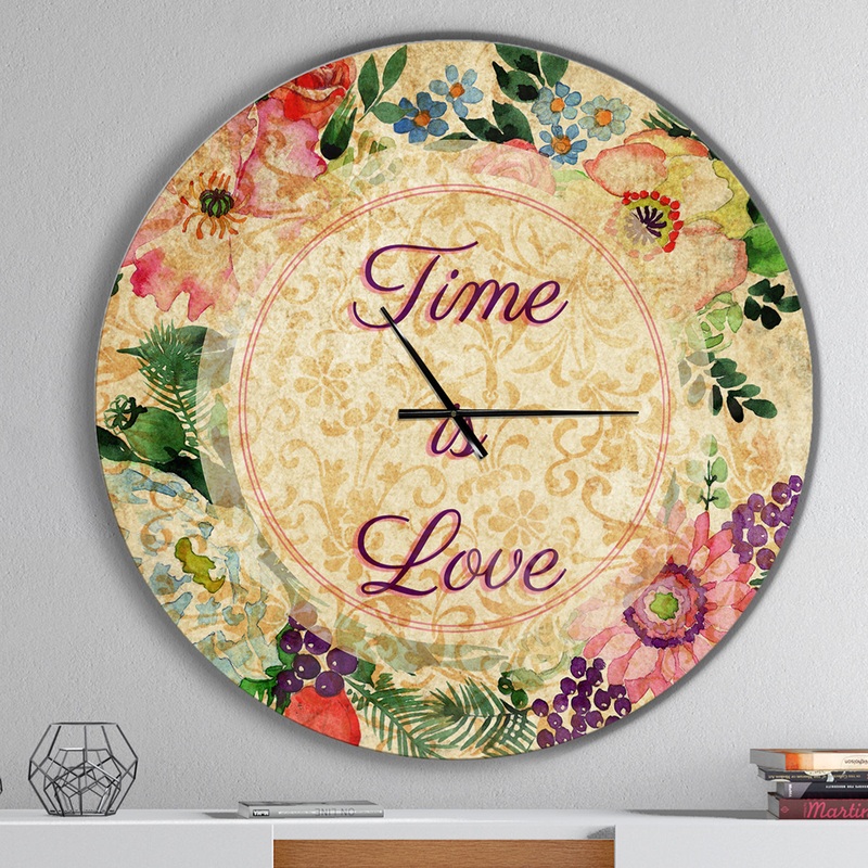 Time is Love Pink Floral - Oversized Quote Wall CLock