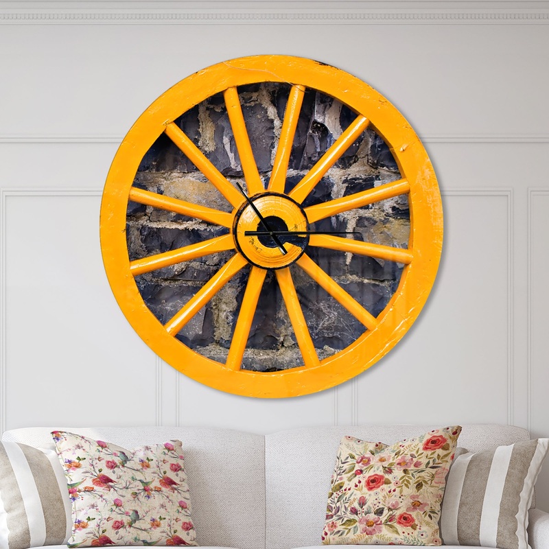Yellow wooden Wagon Wheel Country - Oversized Farmhouse Wall CLock