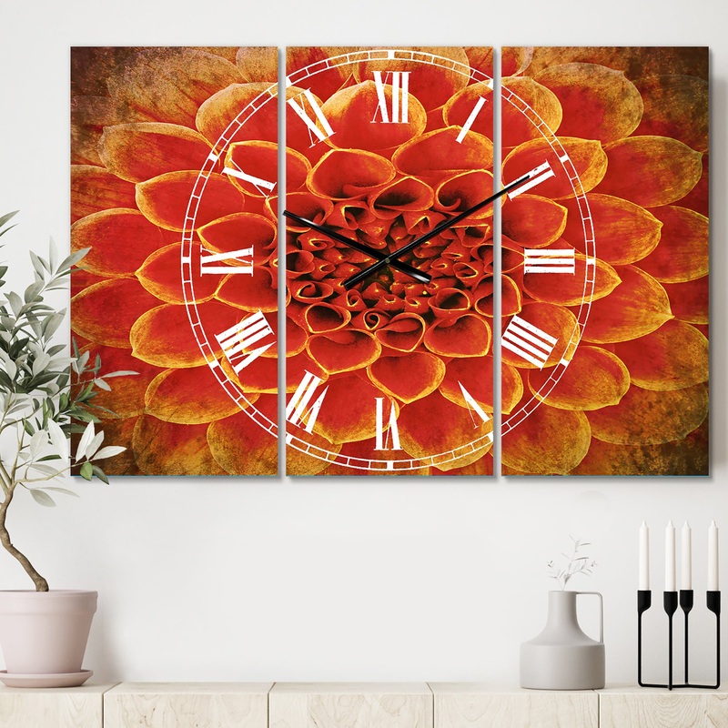 Abstract Orange Flower Design - Cottage 3 Panels Large Wall CLock