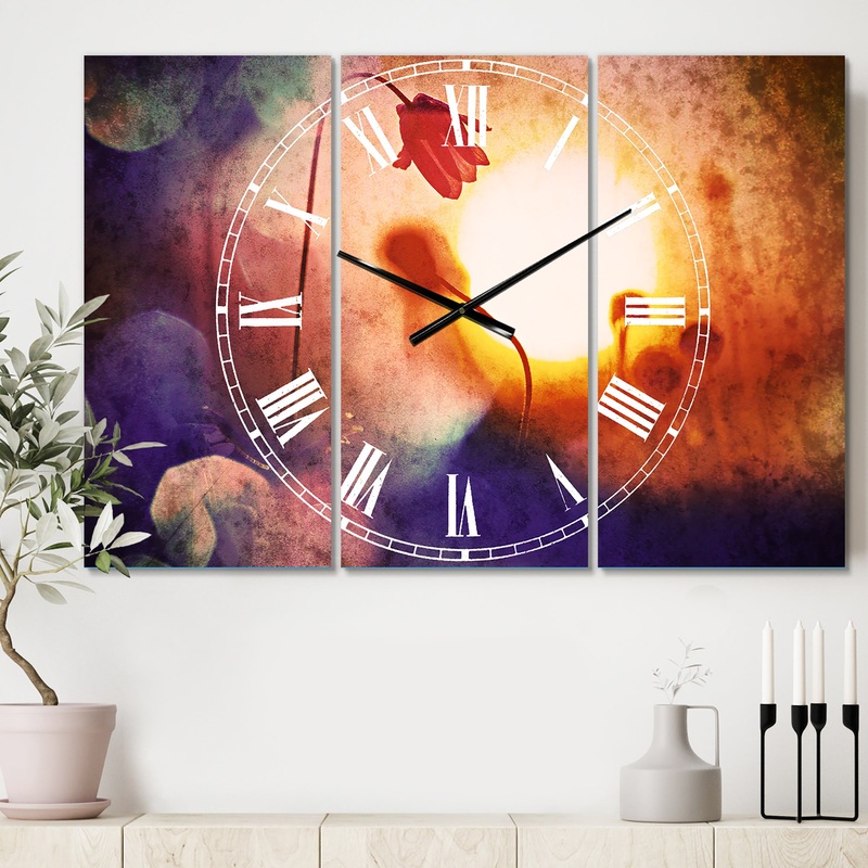 Beautiful Blurred Flowers At Sunset - Cottage 3 Panels Oversized Wall CLock