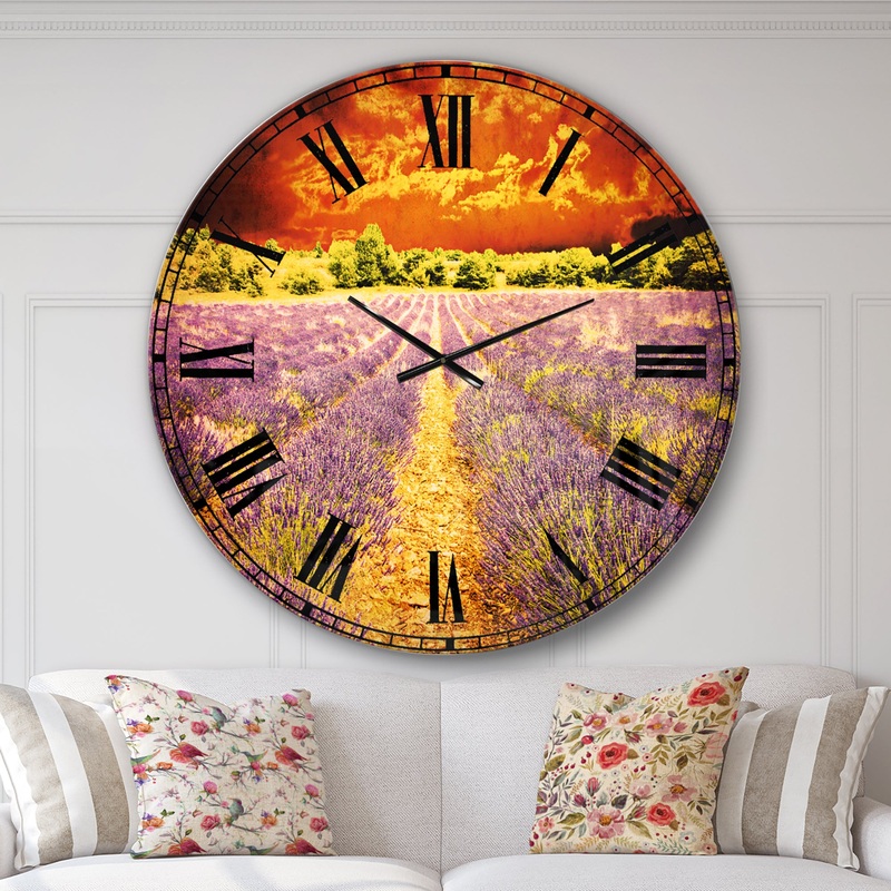 Beautiful Lavender Field and Sunset - Floral Large Wall CLock