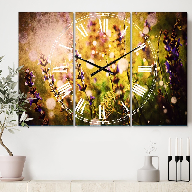 Beautiful Purple Wild Flowers - Cottage 3 Panels Oversized Wall CLock