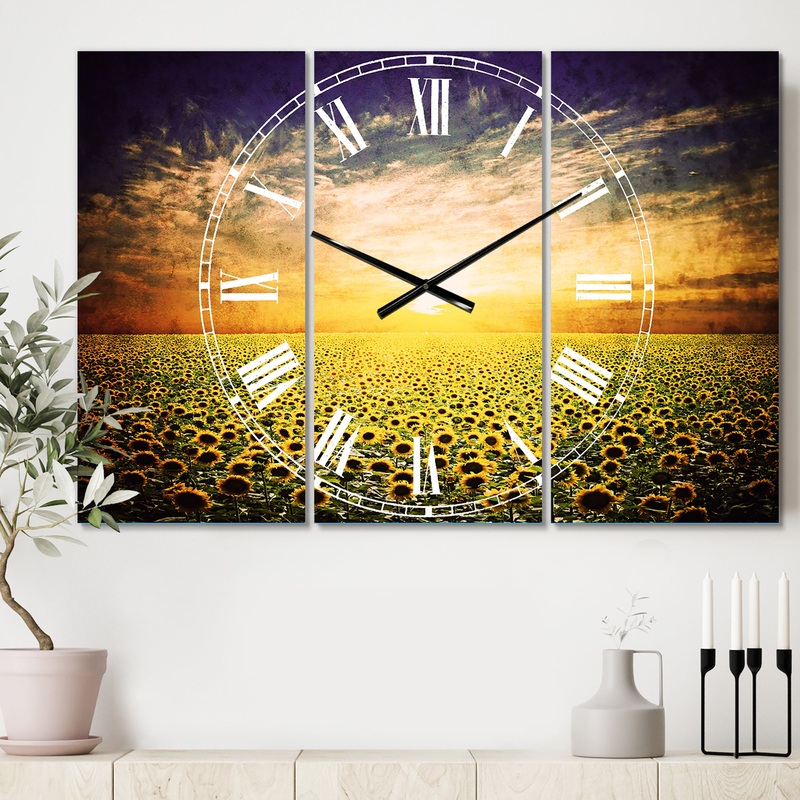 Beauty Sunset over Sunflowers Field - Cottage 3 Panels Large Wall CLock