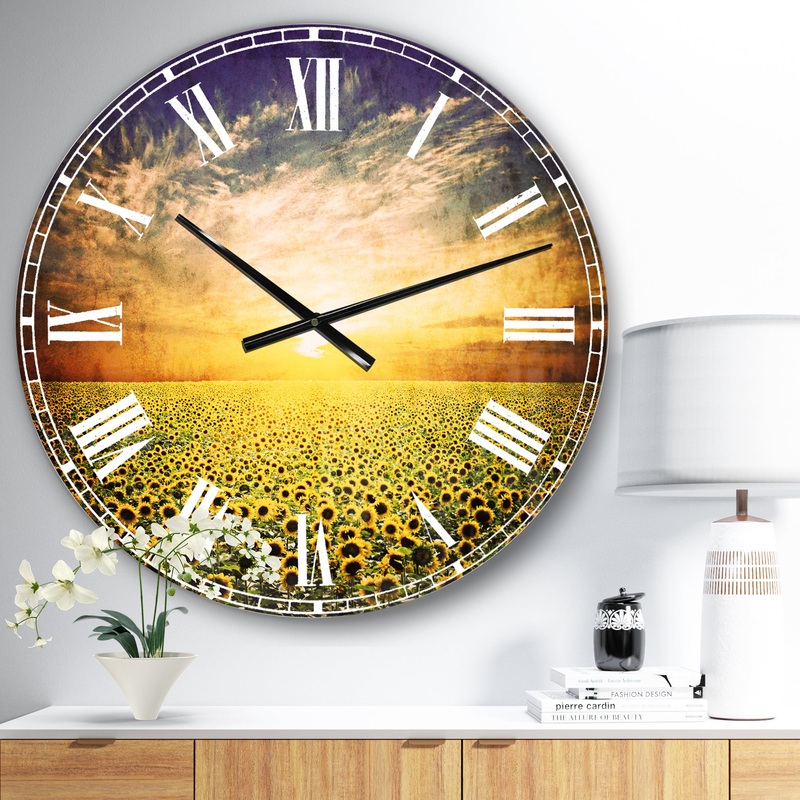Beauty Sunset over Sunflowers Field - Oversized Floral Wall CLock