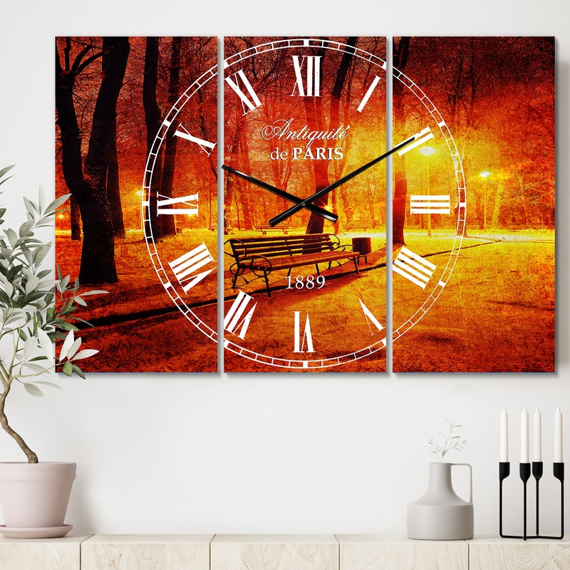 Benches Covered in Winter Snow - Cottage 3 Panels Oversized Wall CLock