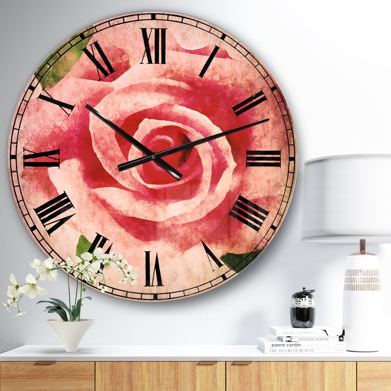 Big Pink Rose Flower with Leaves - Floral Large Wall CLock